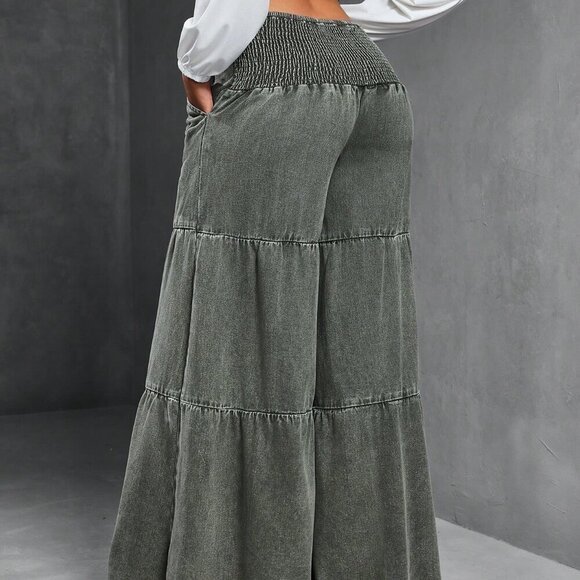 Army Green Women's Loose Boyfriend Style Distressed Hem Patchwork Denim Jeans - Picture 7 of 9